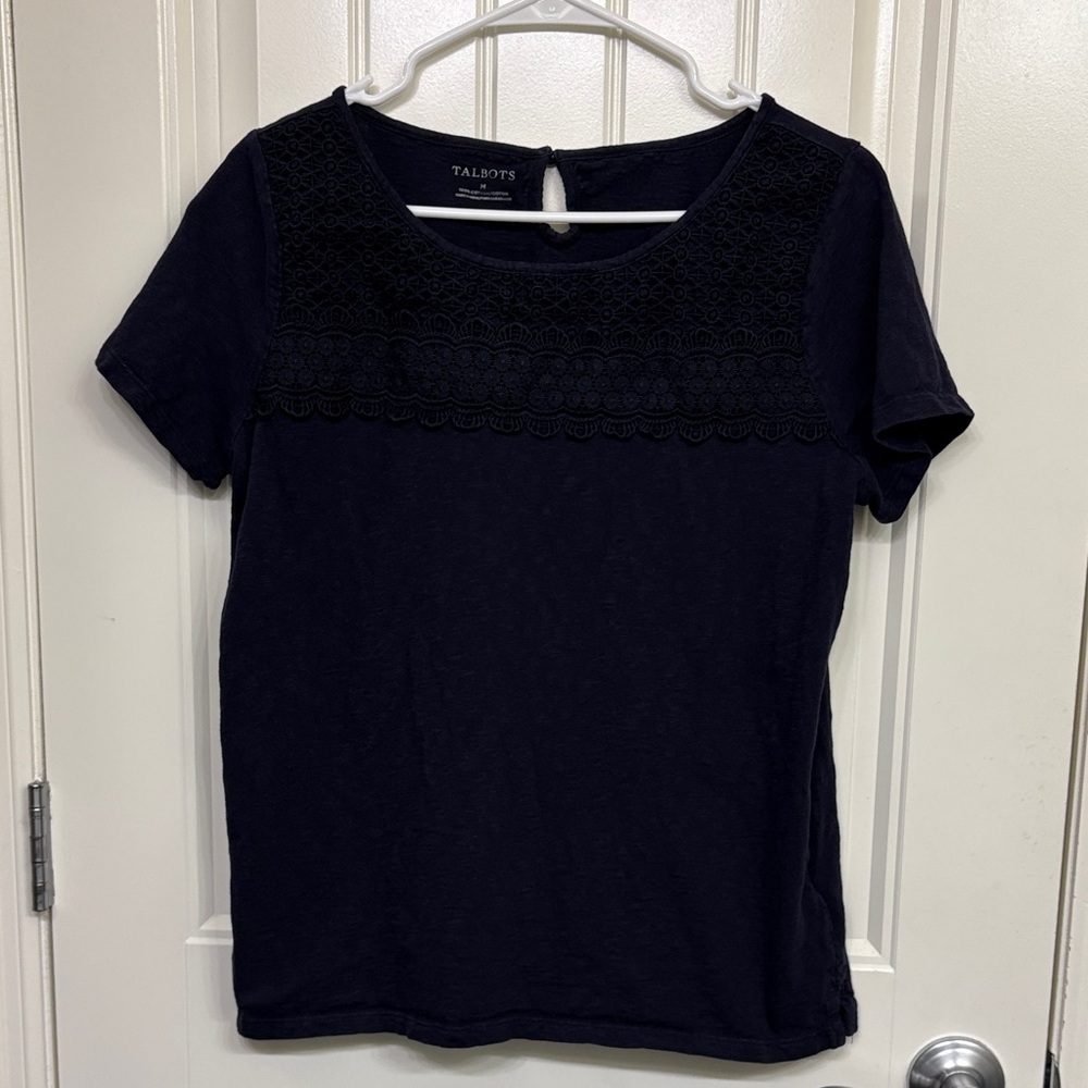Talbots Dark Blue Lace Accent Short Sleeve Top